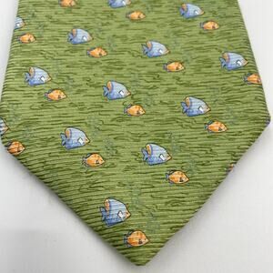 Tommy Hilfiger Men's 100% Silk Tie NeckTie Light Green/Blue Novelty Fish print